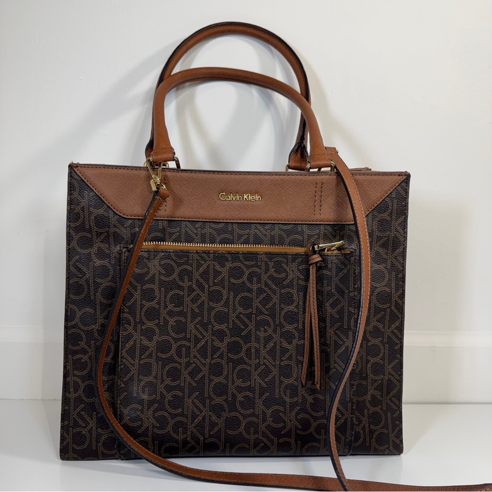 Calvin Klein Monogram Brown Tote Bag with Shoulder Strap‎